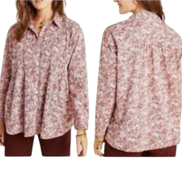🌹PILCRO BY ANTHROPOLGIE SASHA SMOCKED FLORAL BUTTON DOWN BLOUSE - Picture 1 of 7